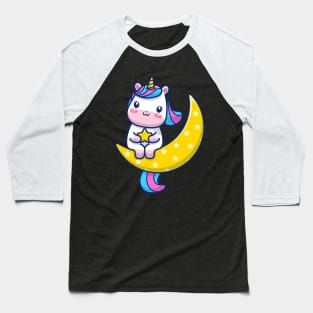 Cute Unicorn Sitting On Moon With Star Cartoon Baseball T-Shirt